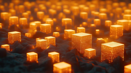 Explore a captivating scene filled with glowing golden cubes, each uniquely illuminated in a mystical landscape, creating an enchanting and surreal atmosphere.の素材