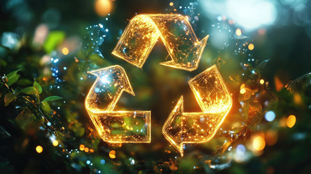A stunning glowing 3D recycling symbol emerges from a lush green backdrop, emphasizing sustainability and eco-friendliness through intertwined design elements.の素材