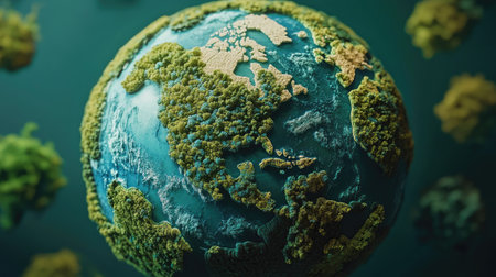 This detailed 3D globe showcases intricate layers of vegetation and textures, illustrating the beauty of our planet with vibrant colors and a unique design.の素材