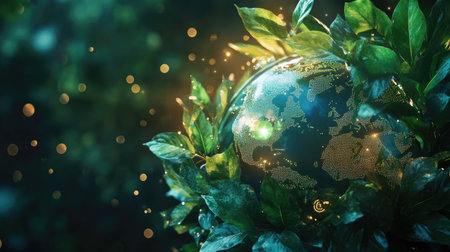 A stunning 3D globe covered in lush, green leaves creates an enchanting connection to nature, highlighting the beauty and vibrancy of our planet.の素材