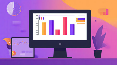 A vibrant illustration featuring a colorful bar graph displayed on a modern desktop. The scene includes elements like a clock and a plant, perfect for tech and analytics themes.の素材