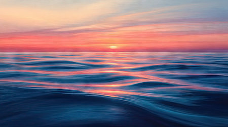 Summer sunset over the ocean with calm, reflective waves and a palette of bright warm colors. A peaceful seascape capturing the artful beauty of evening light.の素材