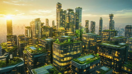 Explore a stunning eco-friendly futuristic city featuring lush green rooftops and innovative urban designs that harmonize nature with modern architecture.の素材