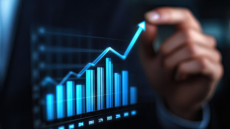 A financial advisor illustrates an upward trend using a graph. The image captures the essence of growth, strategy, and performance in a modern business environment.の素材