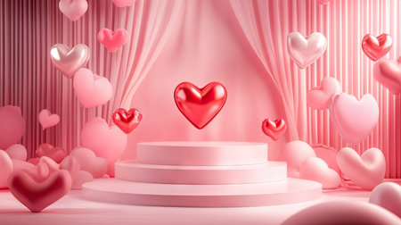 Valentine's Day stage podium featuring heart-shaped accents and a romantic backdrop. Ideal for product displays, advertising, and branding with a loving and festive vibe.の素材