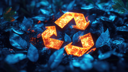 A vibrant 3D recycling symbol glows amidst lush leaves, symbolizing environmental care and sustainability. This striking design emphasizes modern eco-consciousness.の素材