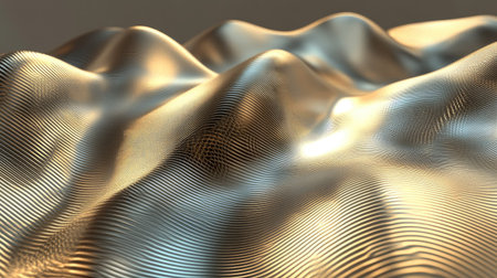 This stunning image features a futuristic 3D golden surface, showcasing smooth waves and elegant curves, perfect for backgrounds and modern design projects.の素材