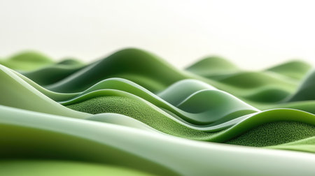 Experience a soothing digital landscape featuring flowing abstract green waves. This 3D render showcases smooth textures and organic forms that evoke tranquility and modern design.の素材