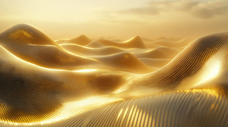 A stunning futuristic landscape featuring smooth golden waves in a 3D format, creating an abstract and visually captivating environment with a warm glow.の素材