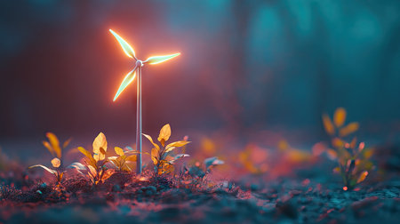 A stunning 3D representation of a glowing wind turbine sprouting among vibrant plants, showcasing the harmony between technology and nature in a surreal landscape.の素材