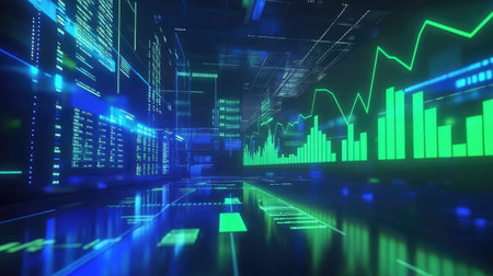 Explore a vibrant 3D stock market interface featuring dynamic graphs and data visualization, perfect for financial analysis and technology representation.の素材