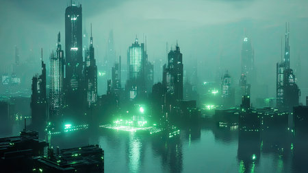 Explore a stunning futuristic 3D cityscape that highlights renewable energy features with illuminated skyscrapers and a vibrant waterway, creating a captivating urban atmosphere.の素材