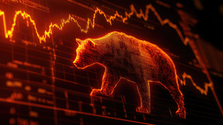 An imaginative representation of a glowing bear on a stock market chart, symbolizing bearish trends in finance. This visual is ideal for depicting market analysis and investment strategies.の素材