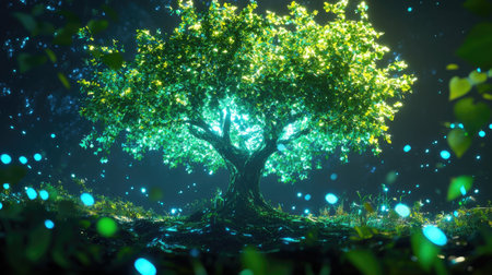 Explore a mesmerizing 3D tree with glowing branches and vibrant leaves, radiating light and creating a mystical atmosphere in a serene forest scene.の素材