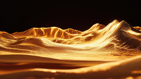 This stunning 3D visualization features a golden abstract terrain, highlighting the interplay of light and texture across smooth, wavy surfaces. Perfect for creative projects.の素材