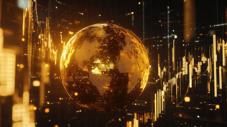 A stunning 3D golden globe surrounded by dynamic elements, creating an abstract, futuristic atmosphere. Perfect for showcasing innovation and technology.の素材