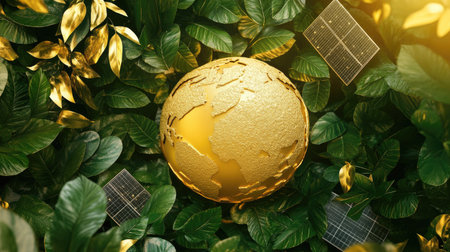 A 3D golden Earth sphere surrounded by rich green leaves, symbolizing nature and sustainability. Ideal for concepts related to the environment and ecology.の素材