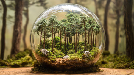 A captivating miniature forest encased in a transparent glass sphere, showcasing intricate details of greenery, moss, and small trees, creating a serene and artistic nature display.の素材
