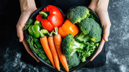 A heart-shaped plate overflowing with vibrant vegetables, including broccoli, bell peppers, and carrots, symbolizes healthy eating and nutritious choices. Perfect for culinary inspiration.の素材