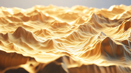 Discover an abstract 3D representation of golden terrain, featuring layered textures and soft lighting. This captivating design offers a unique visual experience, perfect for creative projects.の素材