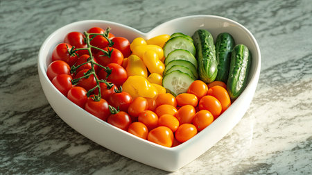 A vibrant heart-shaped bowl filled with fresh cucumbers, cherry tomatoes, and yellow peppers, perfect for healthy snacking or elegant presentation.の素材