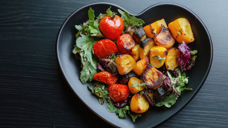 A heart-shaped plate filled with vibrant roasted vegetables. This colorful dish showcases an artful presentation, perfect for healthy dining and special occasions.の素材
