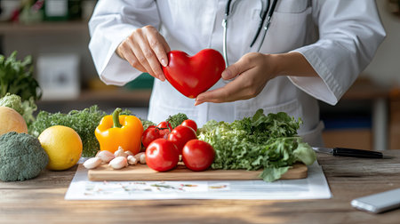 A nutritionist prepares a heart-healthy dish with fresh vegetables and fruits, promoting wellness and healthy eating habits in a welcoming kitchen setting.の素材
