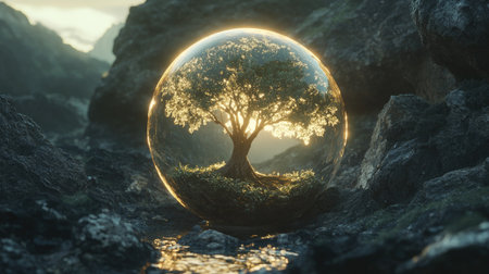 A stunning 3D representation of a glowing tree encapsulated in a sphere, surrounded by rocky terrain and water, showcasing the beauty of nature in a serene and magical setting.の素材