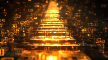 This stunning image features a golden 3D staircase ascending through an abstract digital environment illuminated by glowing elements, creating a surreal atmosphere.の素材