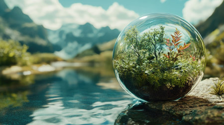 Discover a stunning 3D landscape captured within a glass sphere, showcasing lush vegetation and a serene water reflection, inviting harmony with nature.の素材