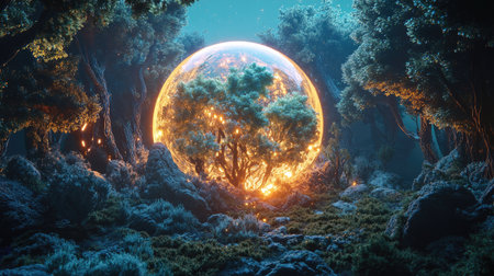 Explore a surreal 3D ecosystem featuring a thriving forest with glowing trees, vibrant colors, and mystical lighting, creating an enchanting atmosphere.の素材