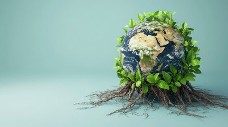 This minimalist 3D illustration features a globe entwined with vibrant leaves and roots, symbolizing growth and harmony with nature. Perfect for environmental themes.の素材