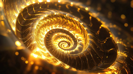 Discover a stunning 3D visualization of a radiant golden spiral. This abstract artwork features luminous curves and shimmering depth, perfect for creative projects.の素材