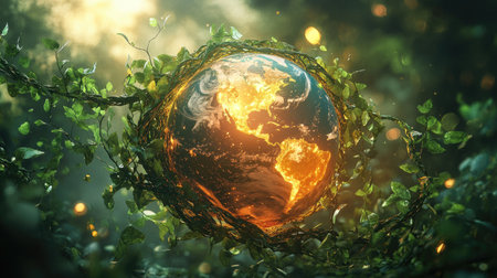 Experience a captivating surreal 3D depiction of a glowing Earth, intertwined with vibrant nature elements, showcasing beauty and harmony in this imaginative artwork.の素材