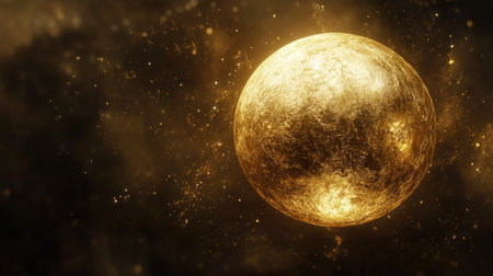 A stunning 3D rendering of a golden shimmering sphere floating in space. This vibrant celestial image captures light and texture, creating a mesmerizing visual experience.の素材
