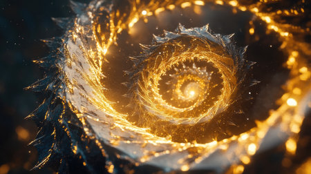 This captivating image features a glowing golden spiral in a vibrant 3D space. The intricate design creates a mesmerizing visual, perfect for artistic projects and backgrounds.の素材