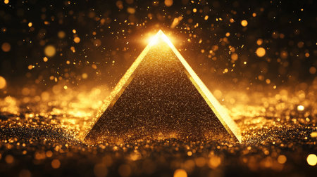 This stunning 3D image showcases a radiant golden pyramid surrounded by sparkling lights, creating a magical and luxurious atmosphere perfect for various design projects.の素材