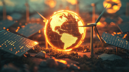 This surreal 3D illustration showcases wind turbines and a glowing Earth, symbolizing renewable energy and sustainability. Vibrant colors and intricate details create a striking visual.の素材