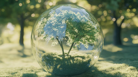 A captivating 3D sphere contains trees, showcasing nature's beauty. The transparent design offers a serene view of greenery and enchanting sunlight, perfect for eco-themed projects.の素材
