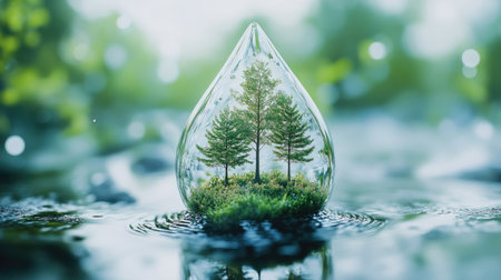 A captivating 3D representation of a water drop encapsulating lush trees, symbolizing nature's beauty and sustainability. Perfect for environmental themes.の素材