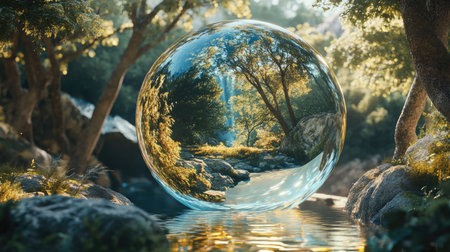 This stunning 3D transparent sphere beautifully reflects a serene nature scene, showcasing vibrant trees and peaceful waters in a tranquil setting. Ideal for nature and art themes.の素材