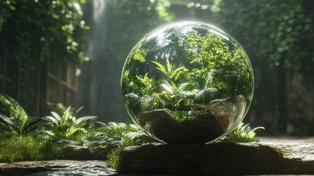 A captivating 3D image of a transparent glass sphere filled with lush greenery, showcasing a mini ecosystem in a tranquil environment.の素材