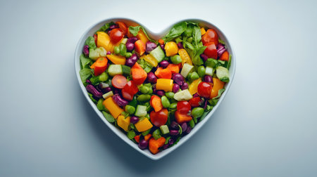 This vibrant heart-shaped dish showcases a delightful mix of colorful vegetables. Perfect for healthy meals, it's an artistic representation of freshness and nutrition.の素材
