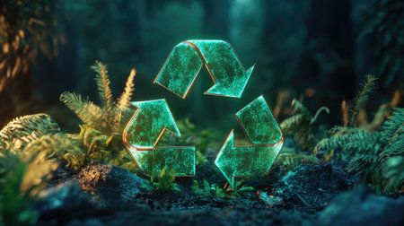 A vibrant 3D glowing recycling symbol set within a lush forest environment. This artistic representation highlights sustainability and eco-friendliness, promoting environmental awareness. Perfect for themes of nature and conservation.の素材