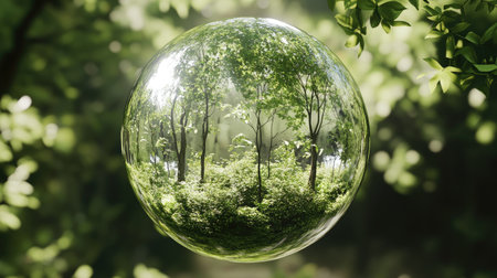A stunning transparent 3D sphere reflects a vivid green forest, surrounded by lush foliage and soft sunlight, creating a serene and peaceful natural scene.の素材