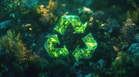 This vibrant 3D recycling symbol features a glowing effect, set against a lush natural background. Ideal for themes on sustainability and ecology.の素材
