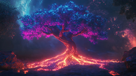 A stunning 3D illustration of a vibrant tree of life, featuring glowing roots and colorful foliage. Perfect for fantasy and nature-themed projects.の素材