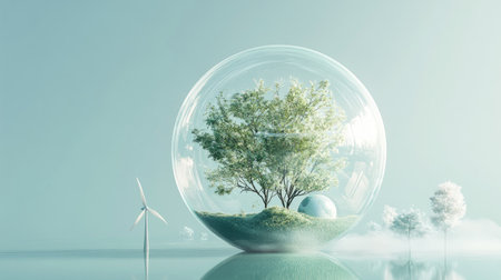 A captivating transparent 3D sphere encapsulates a harmonious natural scene, featuring a tree and wind turbine, symbolizing eco-friendliness and serenity.の素材