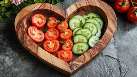 A heart-shaped wooden dish filled with vibrant sliced tomatoes and cucumbers, perfect for a fresh and healthy presentation in any kitchen setting.の素材