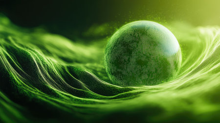 Experience the beauty of abstract art with this vibrant green design featuring fluid waves and a striking 3D sphere, perfect for modern visuals.の素材